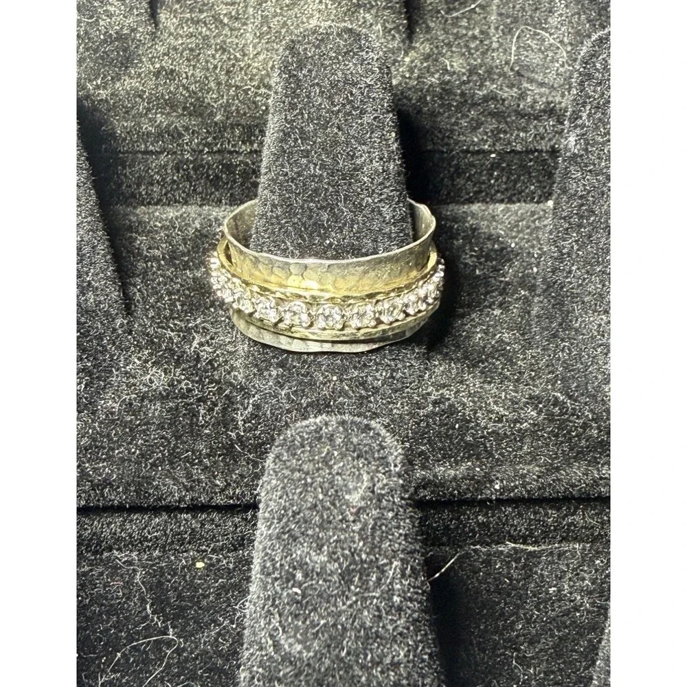 Deaure Sterling Silver 925 Spinner Ring Hammered Mixed Metal CZ Size 10